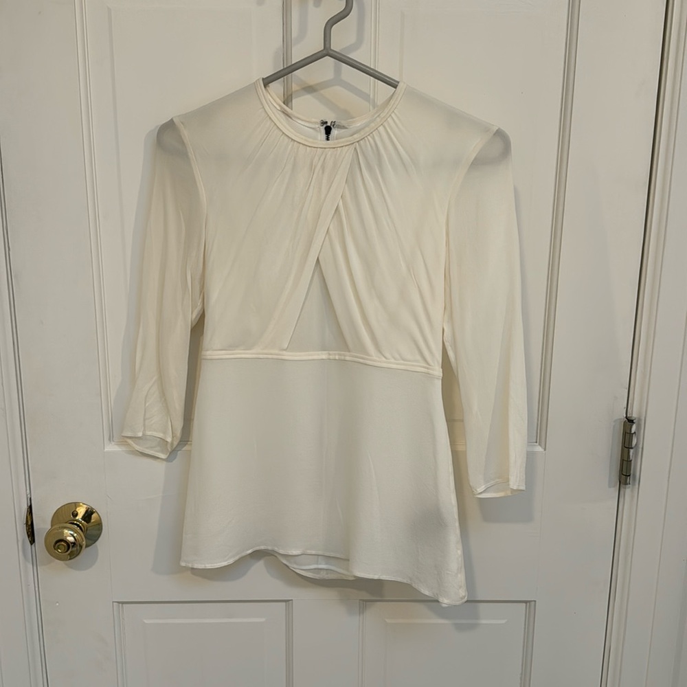 Burberry Off-White Silk Blend 3/4 Sleeve Faux-Wrap Gathered Zip Top Size 2